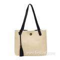 New retro casual foldable corduroy straw tote bag weaving shoulder bag handwoven purse for daily use